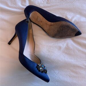 LK Bennett Navy Satin Jeweled Pointed Pumps